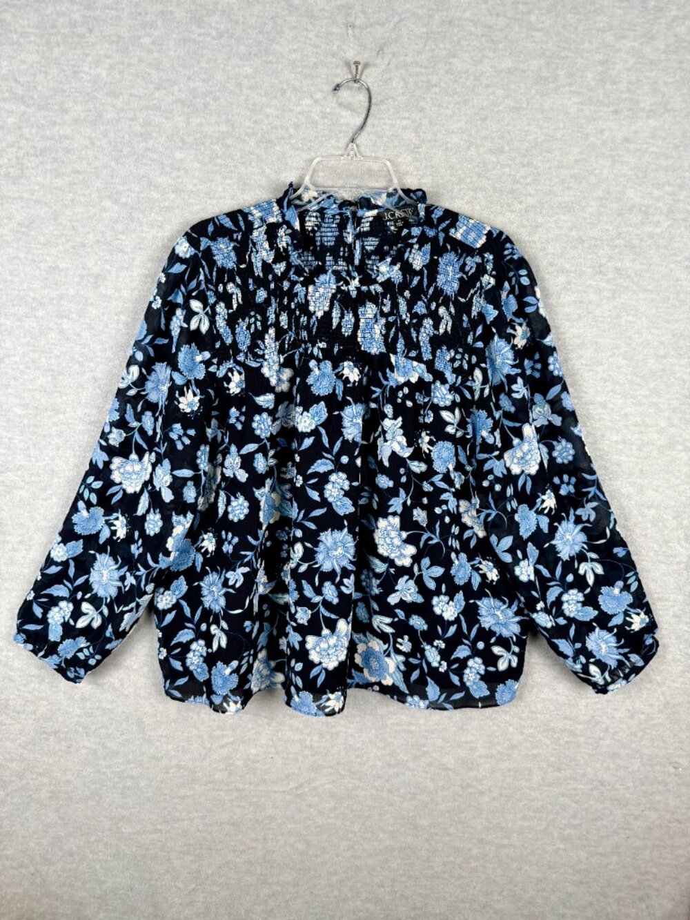 J Crew 3X Smocked Ruffle Neck Chiffon Popover Top Midnight Blue Floral Blouse - Picture 4 of 14